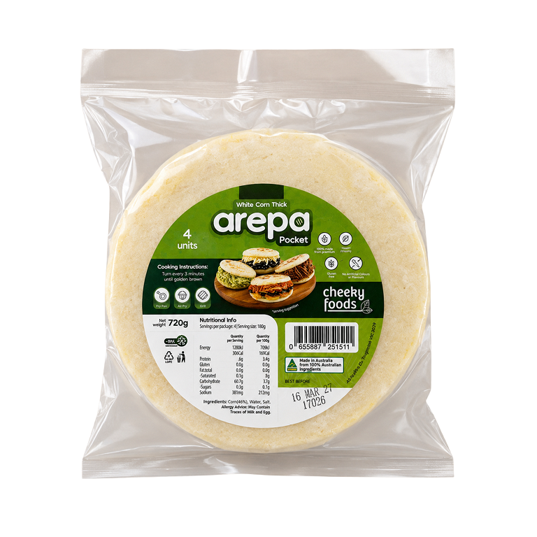 White Corn Thick Arepa Pocket Cheeky Foods x 4 (720g)