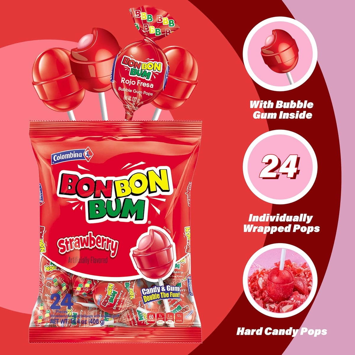 Bon Bon Bum Lollipop with gum Strawberry Flavour Pack of 24 (456g)