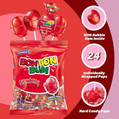 Bon Bon Bum Lollipop with gum Strawberry Flavour Pack of 24 (456g)