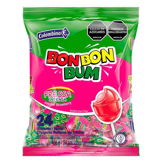 Bon Bon Bum Lollipop with gum Intense Strawberry Flavour Pack of 24 (456g)