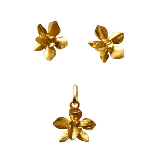 Colombian Orchid Earrings & Pendant Set 24k Bronze Gold-Plated