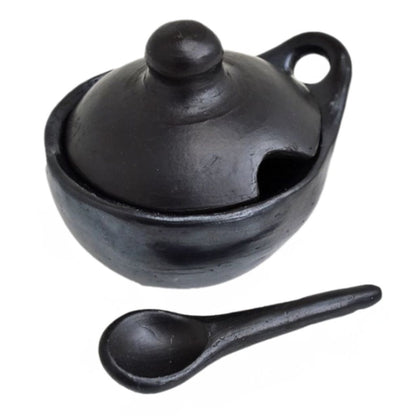 La Chamba Black Clay Guacamole and Gravy Bowl with Lid and Spoon