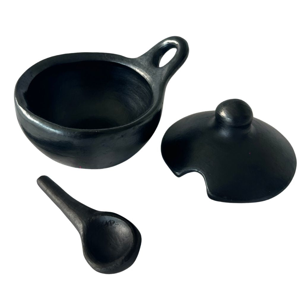 La Chamba Black Clay Guacamole and Gravy Bowl with Lid and Spoon