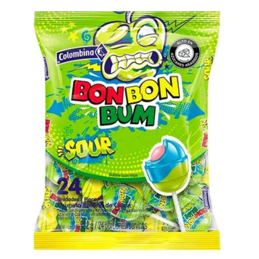 Bon Bon Bum Lollipop with gum Sour Flavour Pack of 24 (456g)