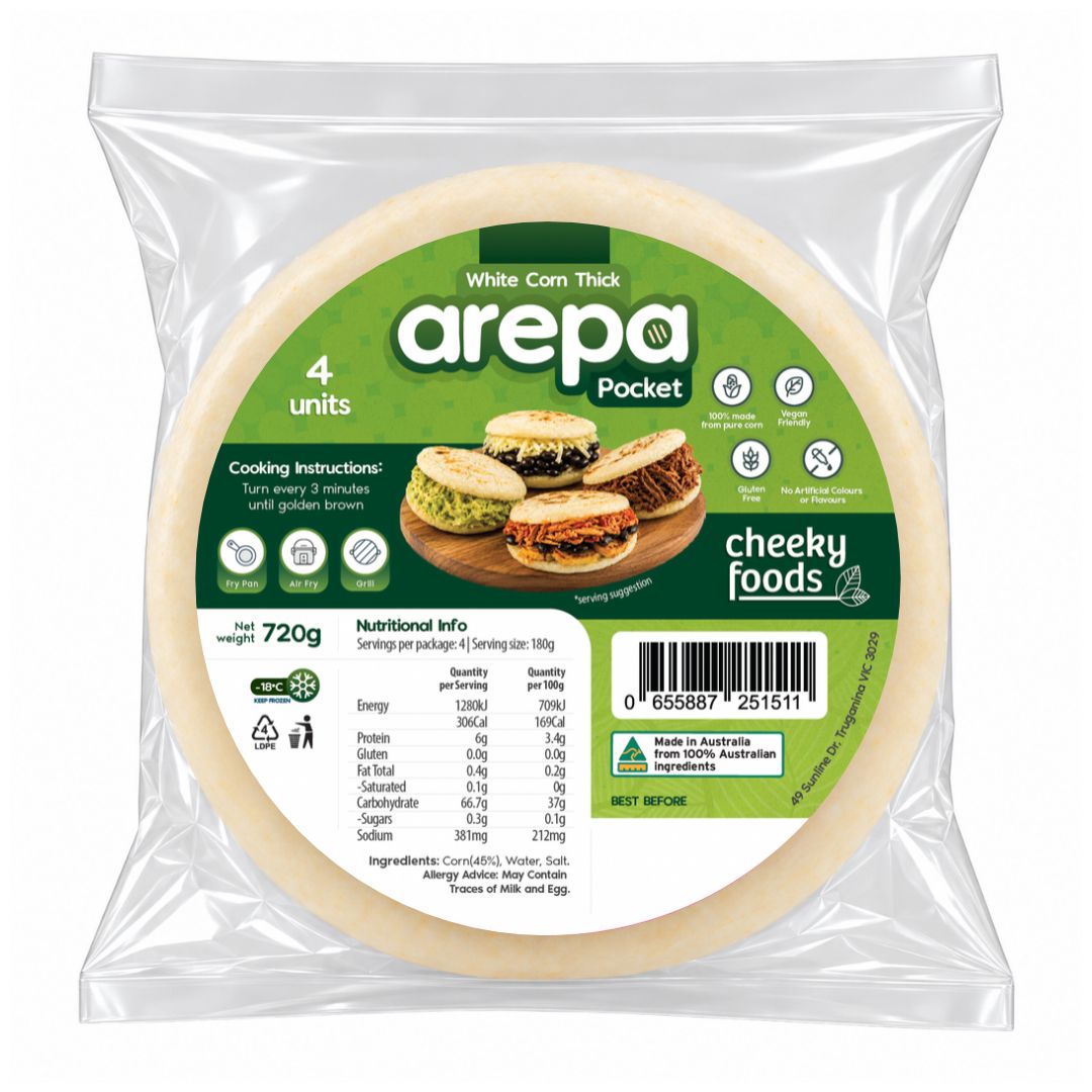 White Corn Thick Arepa Pocket Cheeky Foods x 4 (720g)