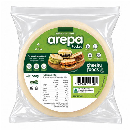 White Corn Thick Arepa Pocket Cheeky Foods x 4 (720g)